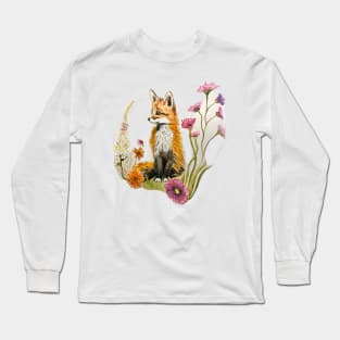 Watercolor Fox and Flowers Long Sleeve T-Shirt